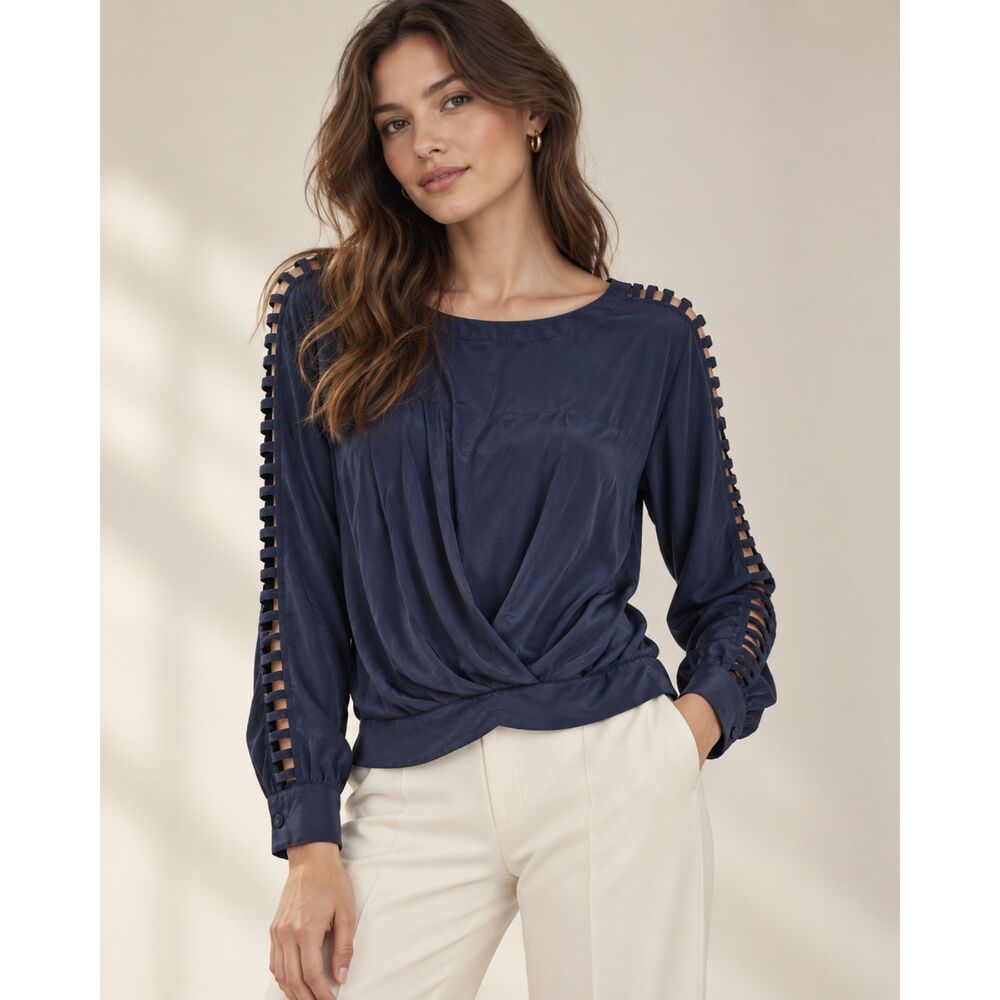Boundary 100% Silk Blouse Women’s Size XS Navy Cutout Sleeve Draped Front Top